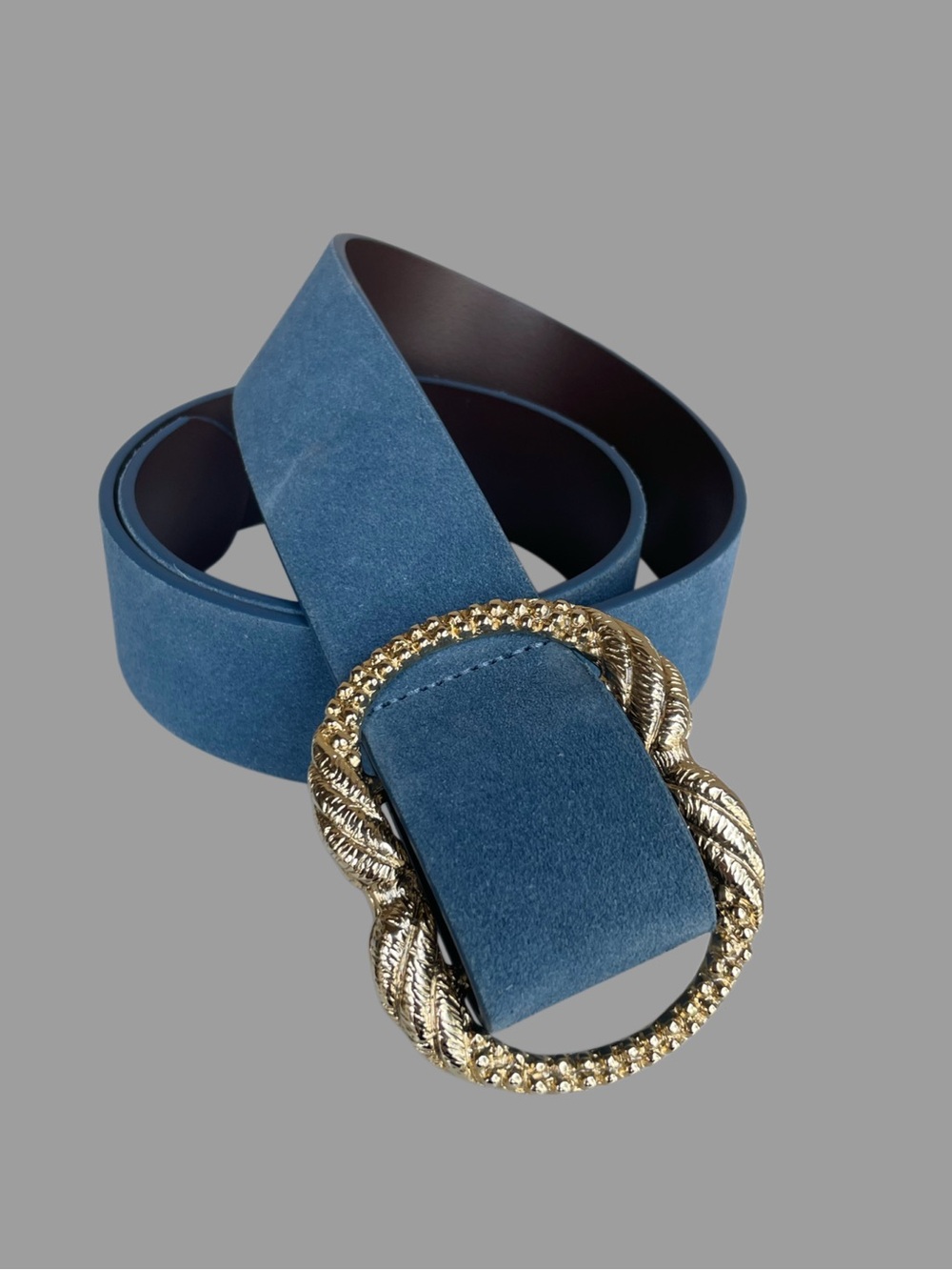 SEZANE Classic Blue Suede Leather Artemis Belt w/ Engraved Gold Brass Buckle